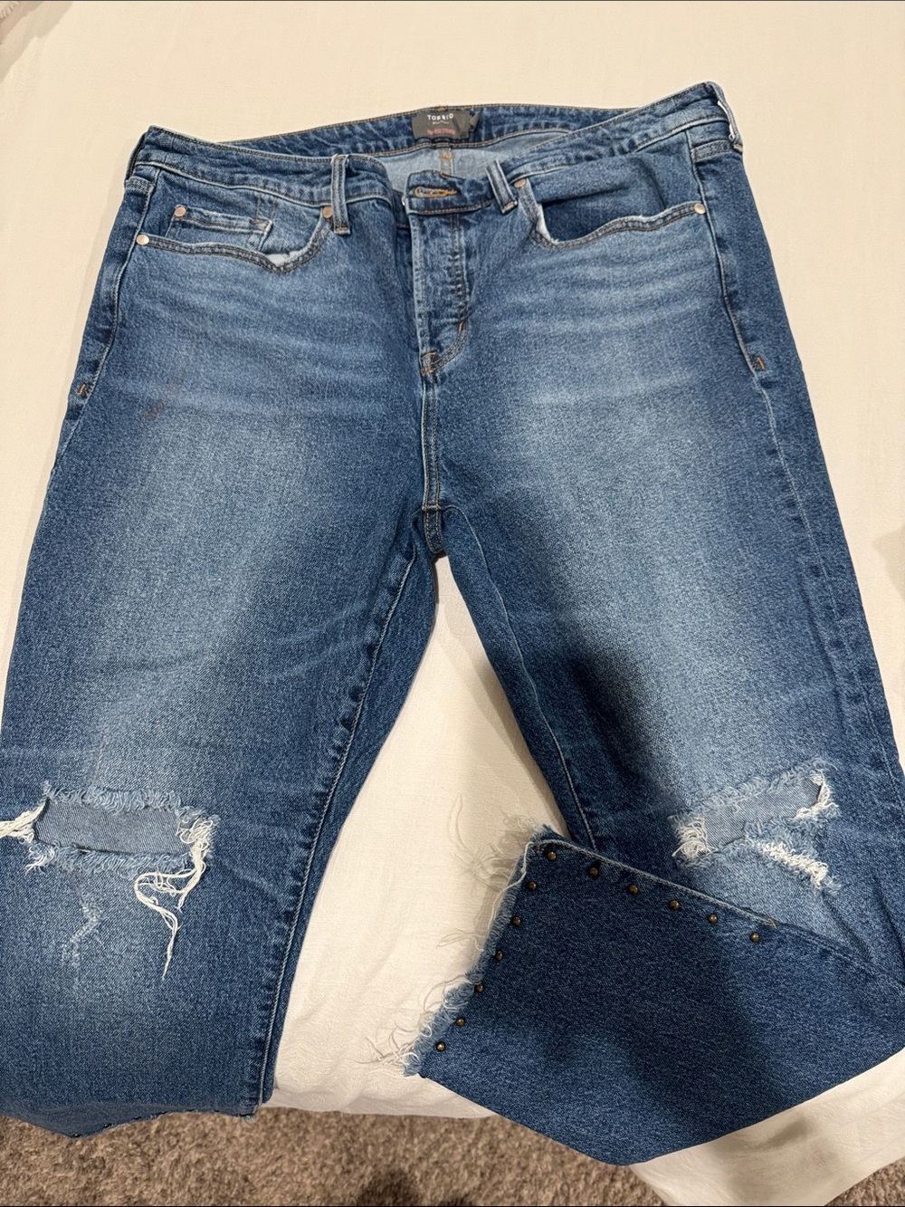 torrid Distressed Medium Blue Boyfriend Jeans with Stud Hem